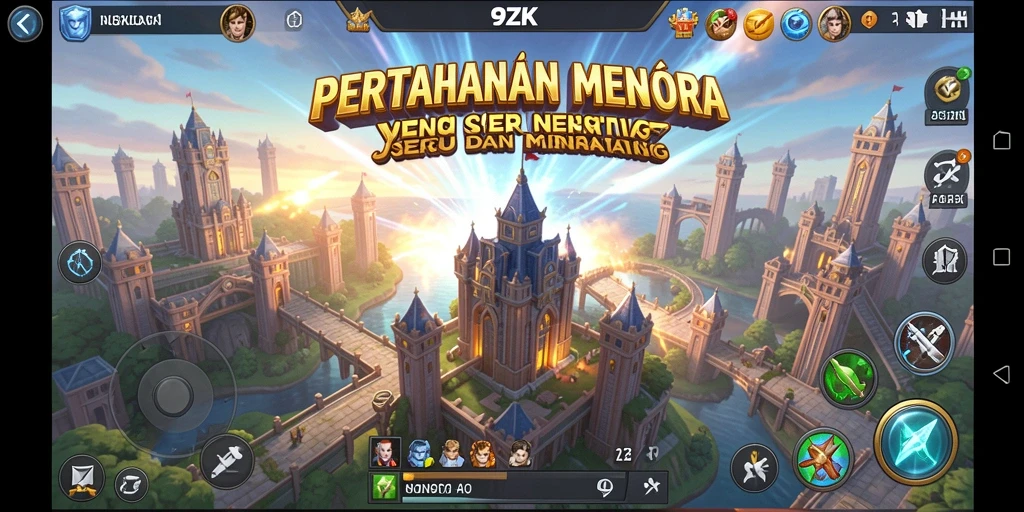 Tampilan gameplay 9ZK dengan menara yang bertempur melawan musuh.