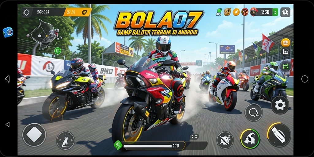 Screenshot gameplay BOLA07 yang penuh aksi balap motor.