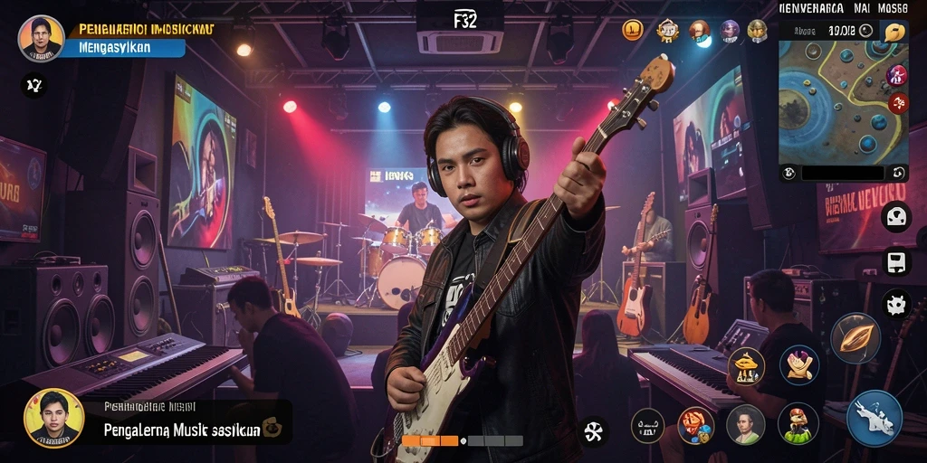 Screenshot menampilkan gameplay interaktif F32 dengan elemen musik yang menyenangkan.