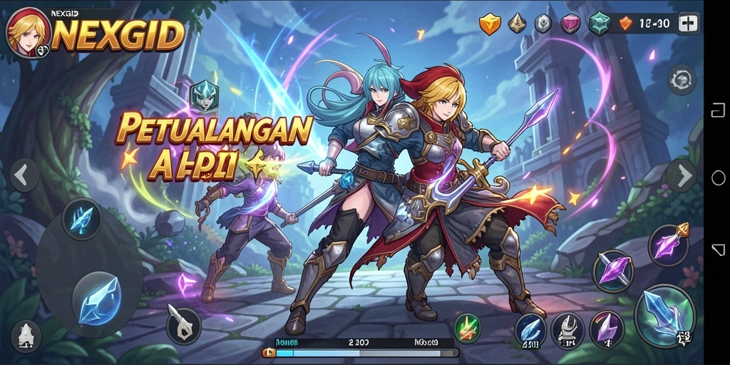 Tampilan gameplay NEXGID yang penuh aksi dan warna.