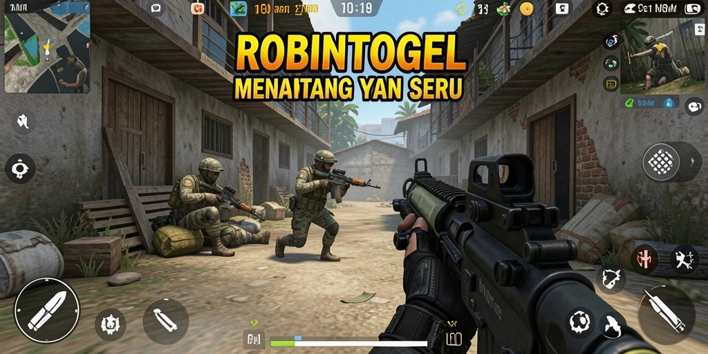 Tangkapan layar ROBINTOGEL menampilkan aksi tembak-menembak yang mendebarkan.