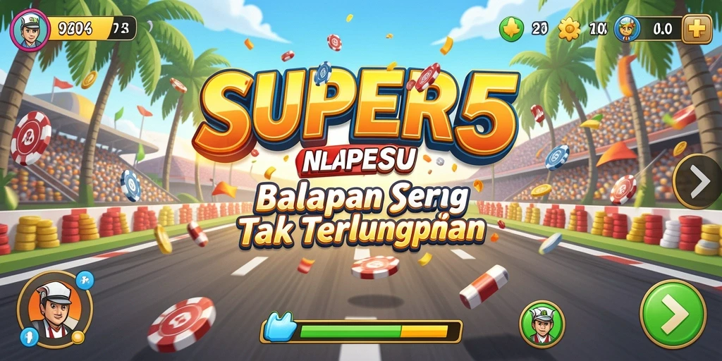 Screenshot gameplay <strong>SUPER5</strong> yang menunjukkan aksi balap yang intens.