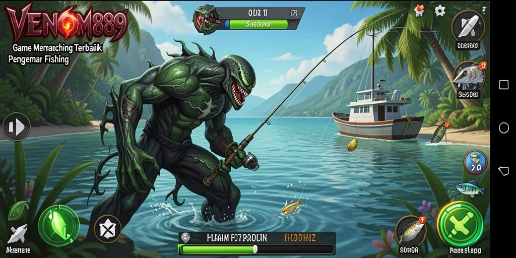 Screenshot VENOM889 menampilkan gameplay seru saat memancing di sungai yang indah.